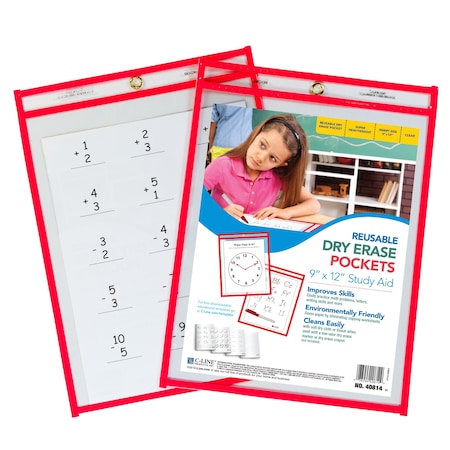 C-Line Products Reusable Dry Erase Pocket, Neon Red, 9 x 12 Set of 30 Pockets, 30PK 40814-BX